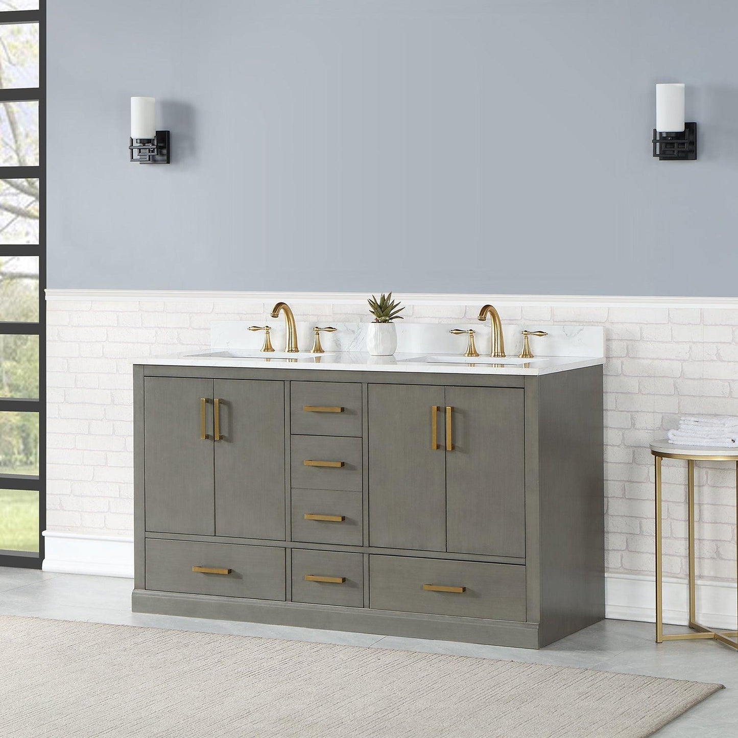 Altair Monna 60" Gray Pine Freestanding Double Bathroom Vanity Set With Aosta White Composite Stone Top, Two Rectangular Undermount Ceramic Sinks, Overflow, and Backsplash