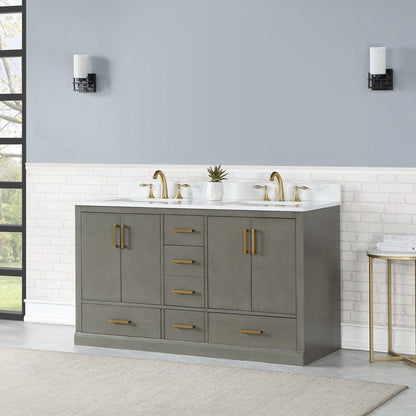 Altair Monna 60" Gray Pine Freestanding Double Bathroom Vanity Set With Aosta White Composite Stone Top, Two Rectangular Undermount Ceramic Sinks, Overflow, and Backsplash