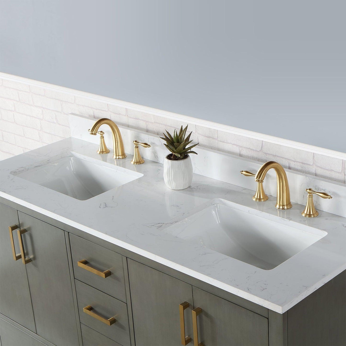 Altair Monna 60" Gray Pine Freestanding Double Bathroom Vanity Set With Aosta White Composite Stone Top, Two Rectangular Undermount Ceramic Sinks, Overflow, and Backsplash