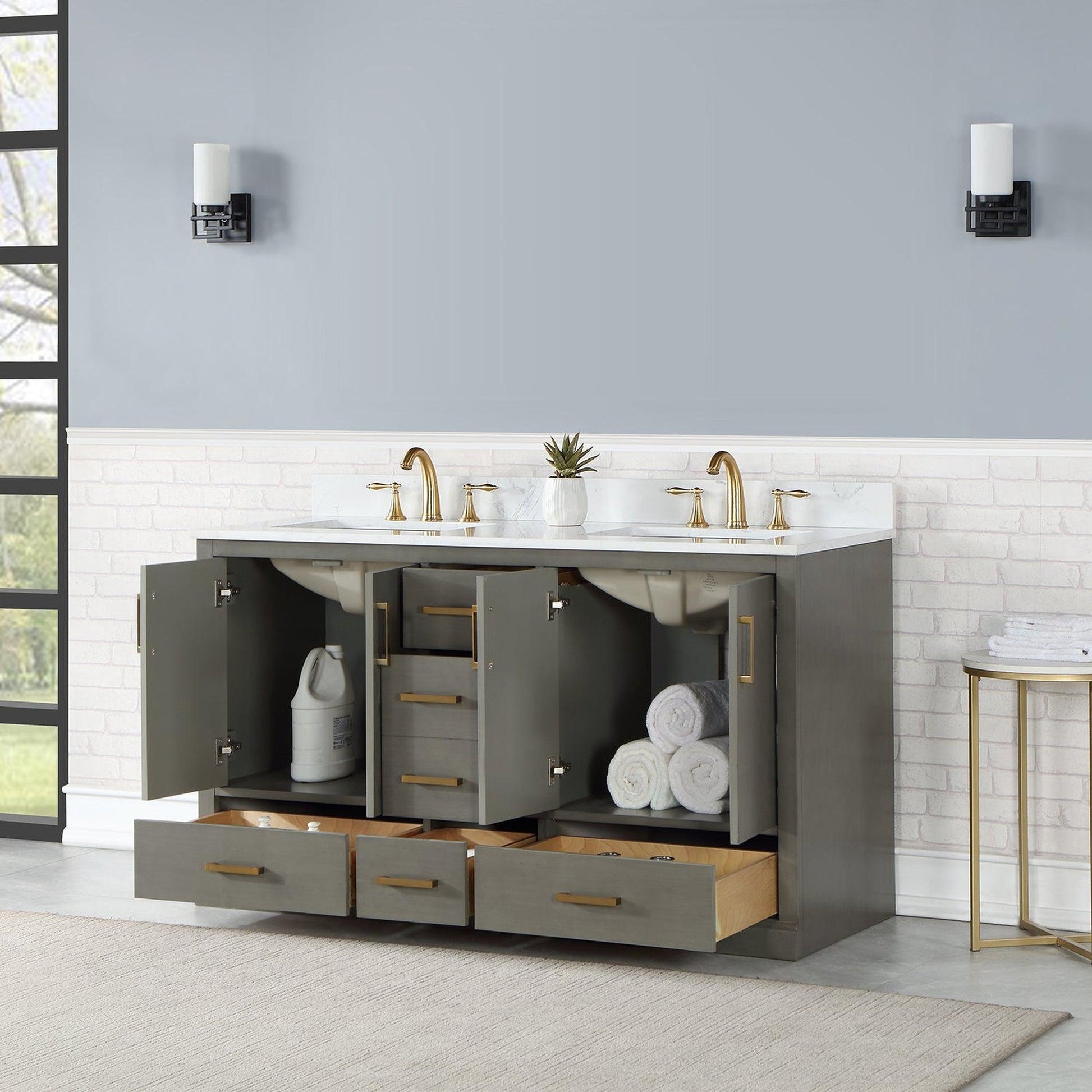 Altair Monna 60" Gray Pine Freestanding Double Bathroom Vanity Set With Aosta White Composite Stone Top, Two Rectangular Undermount Ceramic Sinks, Overflow, and Backsplash