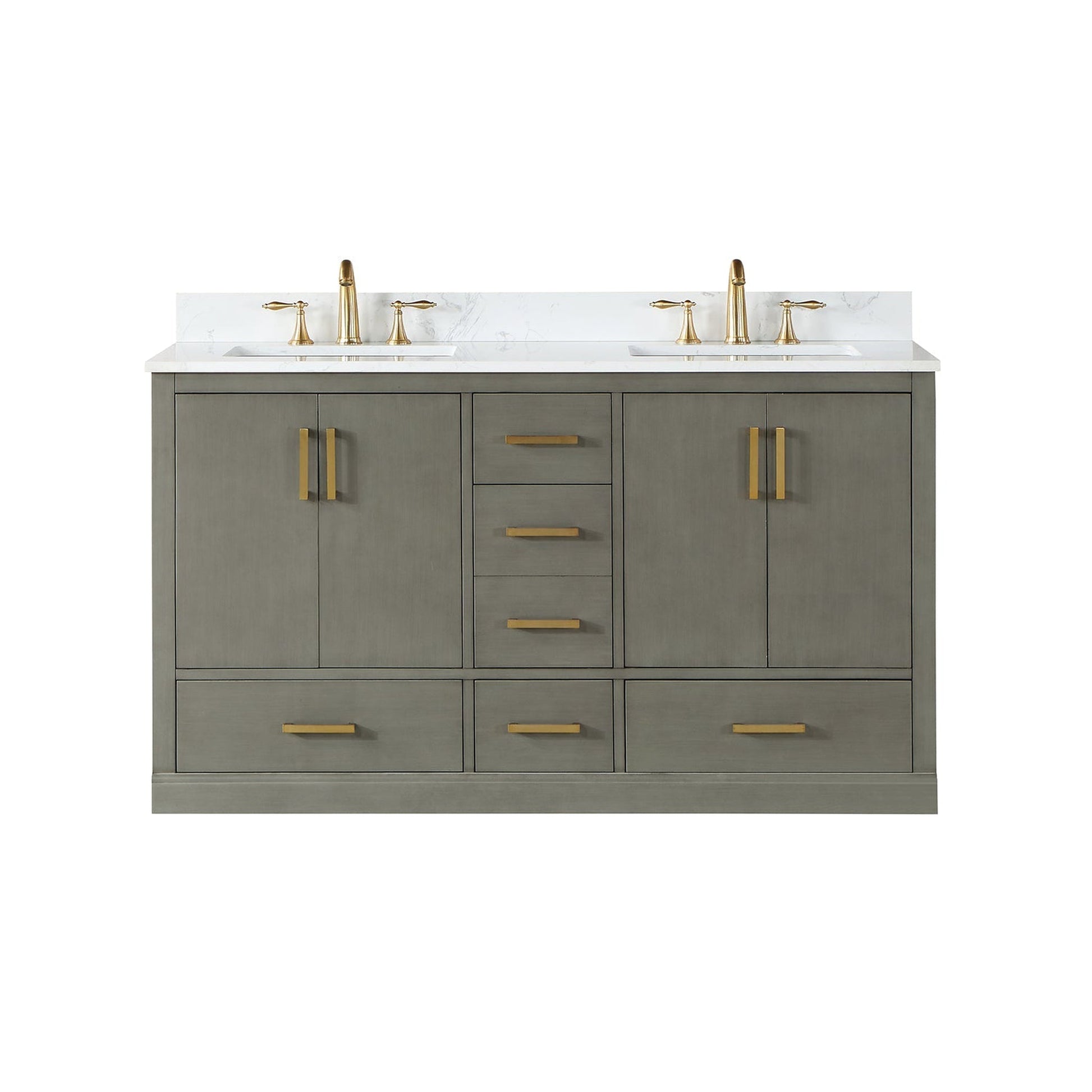 Altair Monna 60" Gray Pine Freestanding Double Bathroom Vanity Set With Aosta White Composite Stone Top, Two Rectangular Undermount Ceramic Sinks, Overflow, and Backsplash