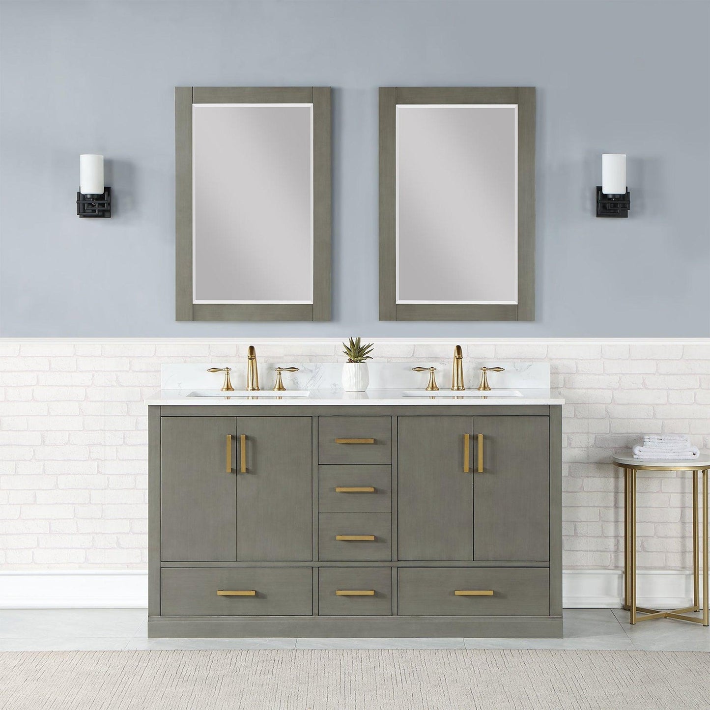 Altair Monna 60" Gray Pine Freestanding Double Bathroom Vanity Set With Mirror, Aosta White Composite Stone Top, Two Rectangular Undermount Ceramic Sinks, Overflow, and Backsplash