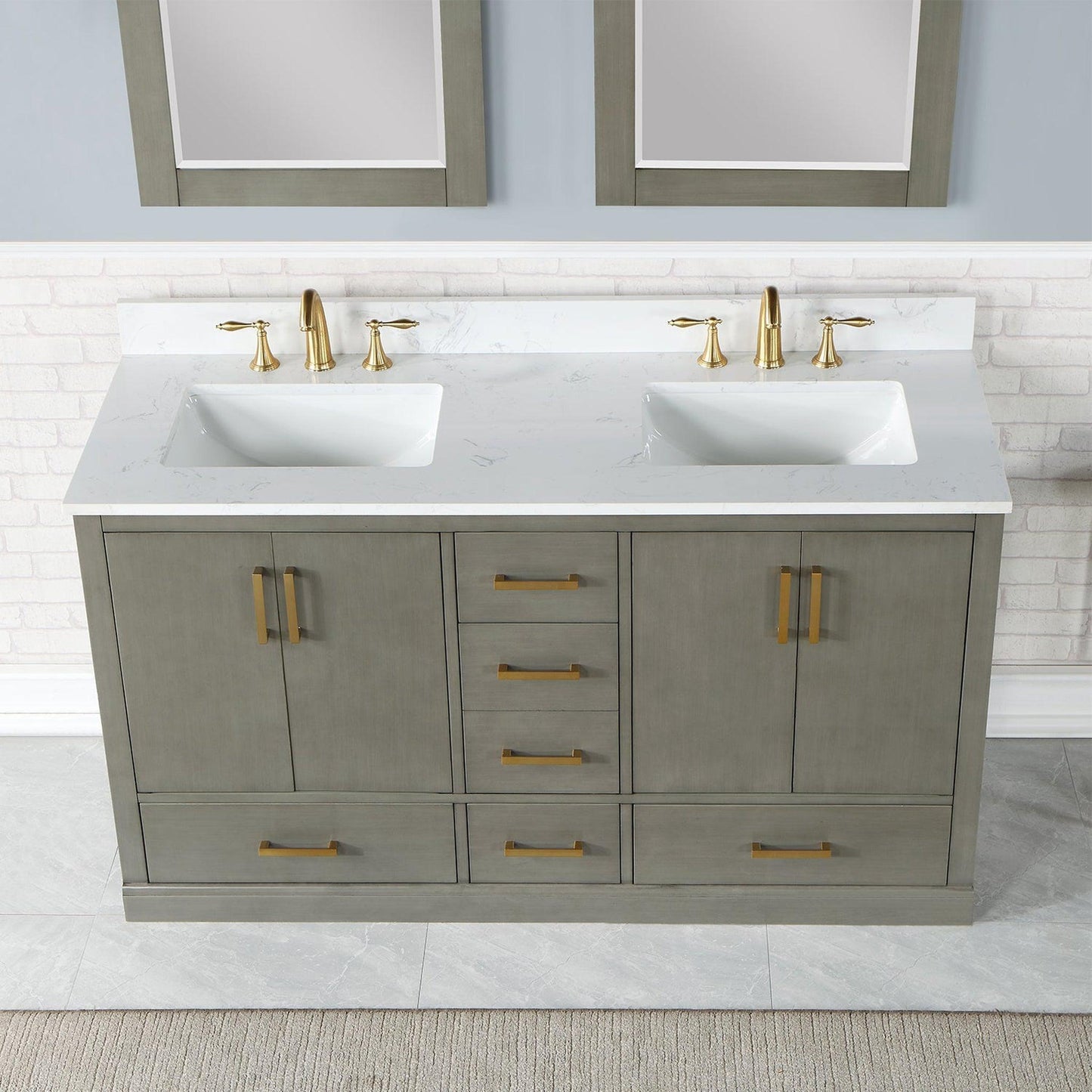 Altair Monna 60" Gray Pine Freestanding Double Bathroom Vanity Set With Mirror, Aosta White Composite Stone Top, Two Rectangular Undermount Ceramic Sinks, Overflow, and Backsplash