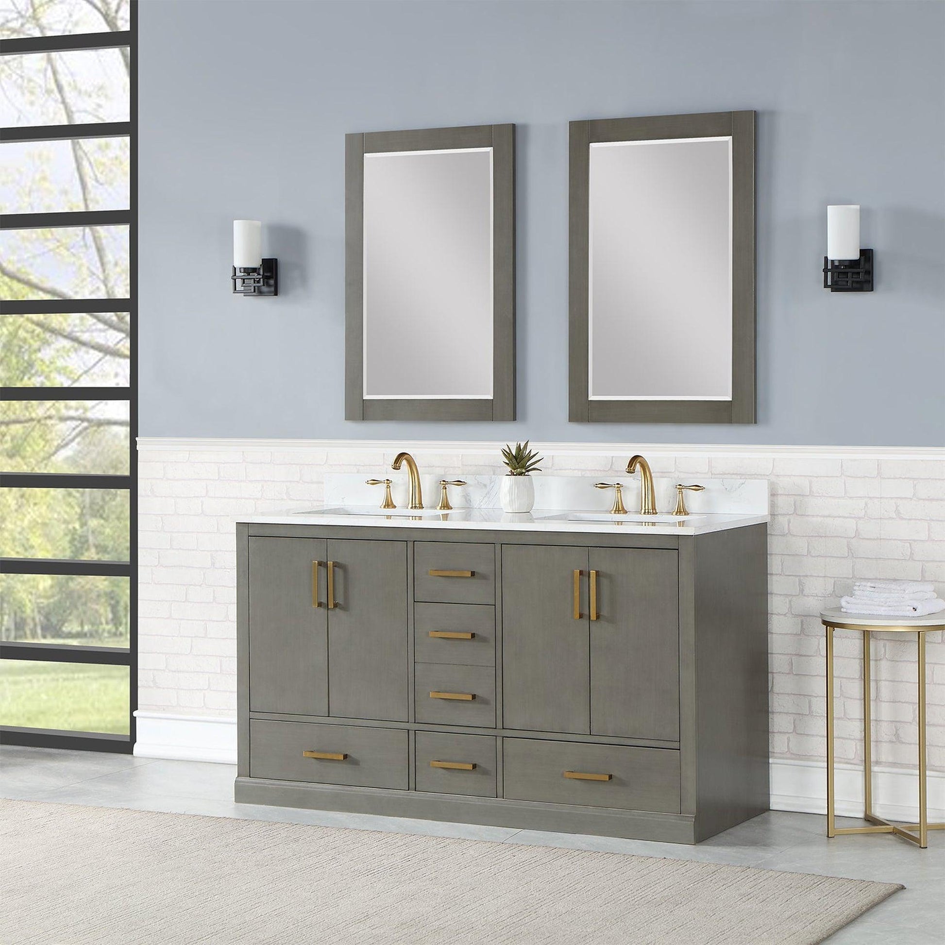 Altair Monna 60" Gray Pine Freestanding Double Bathroom Vanity Set With Mirror, Aosta White Composite Stone Top, Two Rectangular Undermount Ceramic Sinks, Overflow, and Backsplash