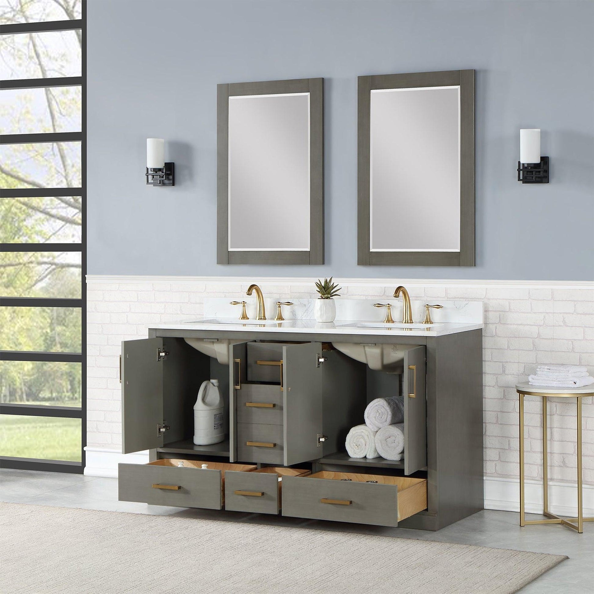 Altair Monna 60" Gray Pine Freestanding Double Bathroom Vanity Set With Mirror, Aosta White Composite Stone Top, Two Rectangular Undermount Ceramic Sinks, Overflow, and Backsplash