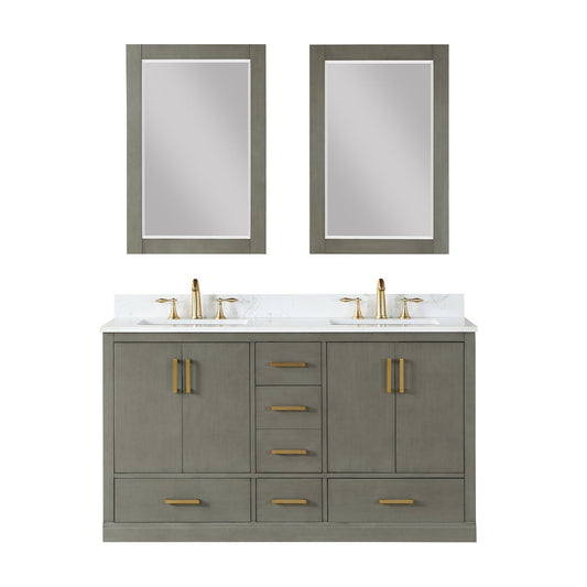 Altair Monna 60" Gray Pine Freestanding Double Bathroom Vanity Set With Mirror, Aosta White Composite Stone Top, Two Rectangular Undermount Ceramic Sinks, Overflow, and Backsplash