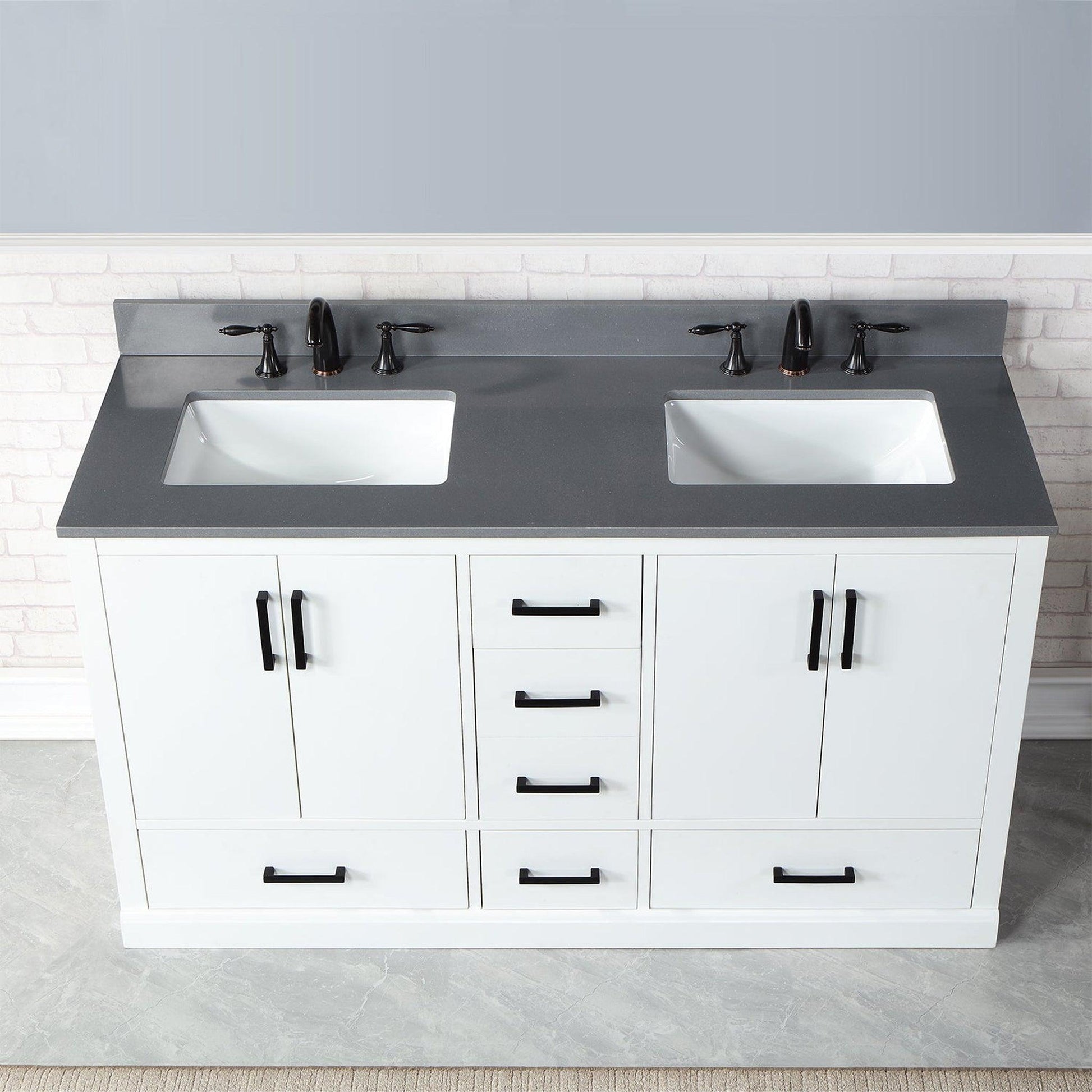 Altair Monna 60" White Freestanding Double Bathroom Vanity Set With Concrete Grey Composite Stone Top, Two Rectangular Undermount Ceramic Sinks, Overflow, and Backsplash