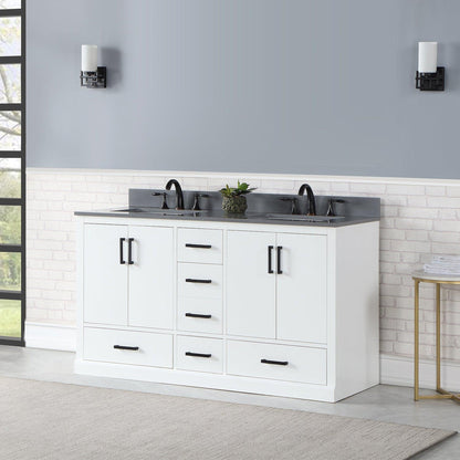 Altair Monna 60" White Freestanding Double Bathroom Vanity Set With Concrete Grey Composite Stone Top, Two Rectangular Undermount Ceramic Sinks, Overflow, and Backsplash