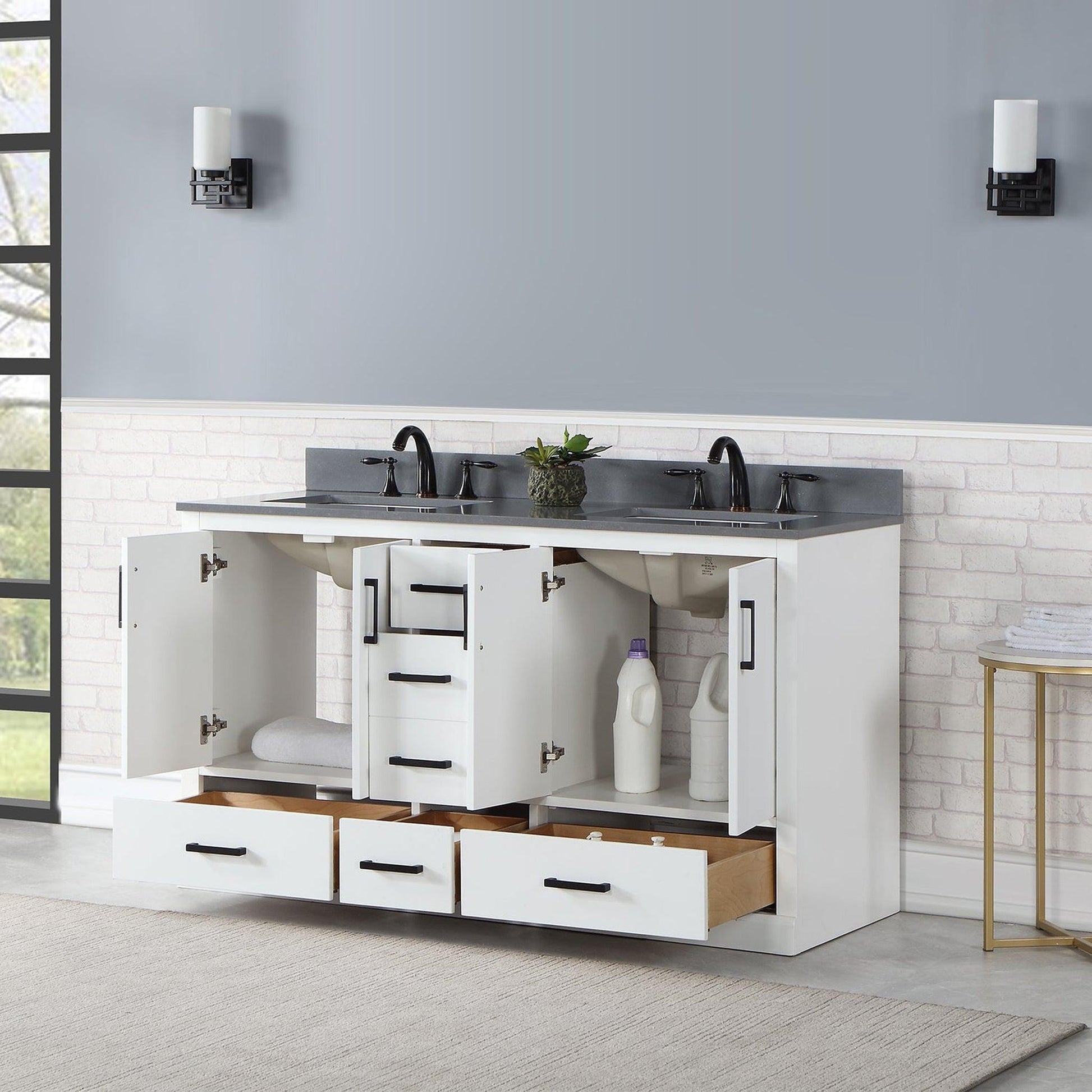 Altair Monna 60" White Freestanding Double Bathroom Vanity Set With Concrete Grey Composite Stone Top, Two Rectangular Undermount Ceramic Sinks, Overflow, and Backsplash