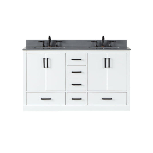 Altair Monna 60" White Freestanding Double Bathroom Vanity Set With Concrete Grey Composite Stone Top, Two Rectangular Undermount Ceramic Sinks, Overflow, and Backsplash