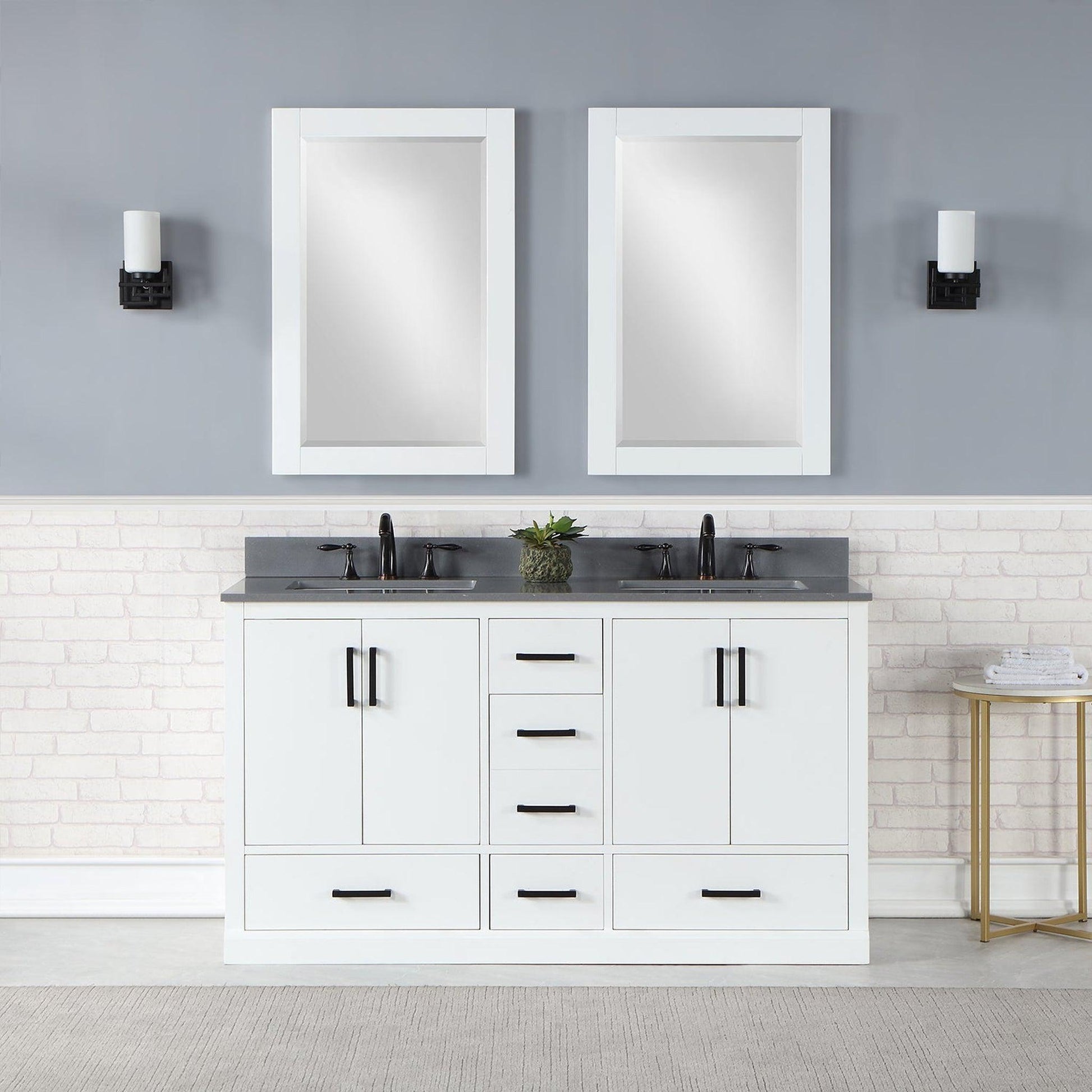 Altair Monna 60" White Freestanding Double Bathroom Vanity Set With Mirror, Concrete Grey Composite Stone Top, Two Rectangular Undermount Ceramic Sinks, Overflow, and Backsplash