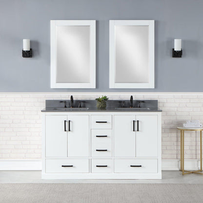 Altair Monna 60" White Freestanding Double Bathroom Vanity Set With Mirror, Concrete Grey Composite Stone Top, Two Rectangular Undermount Ceramic Sinks, Overflow, and Backsplash