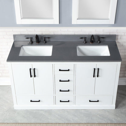 Altair Monna 60" White Freestanding Double Bathroom Vanity Set With Mirror, Concrete Grey Composite Stone Top, Two Rectangular Undermount Ceramic Sinks, Overflow, and Backsplash