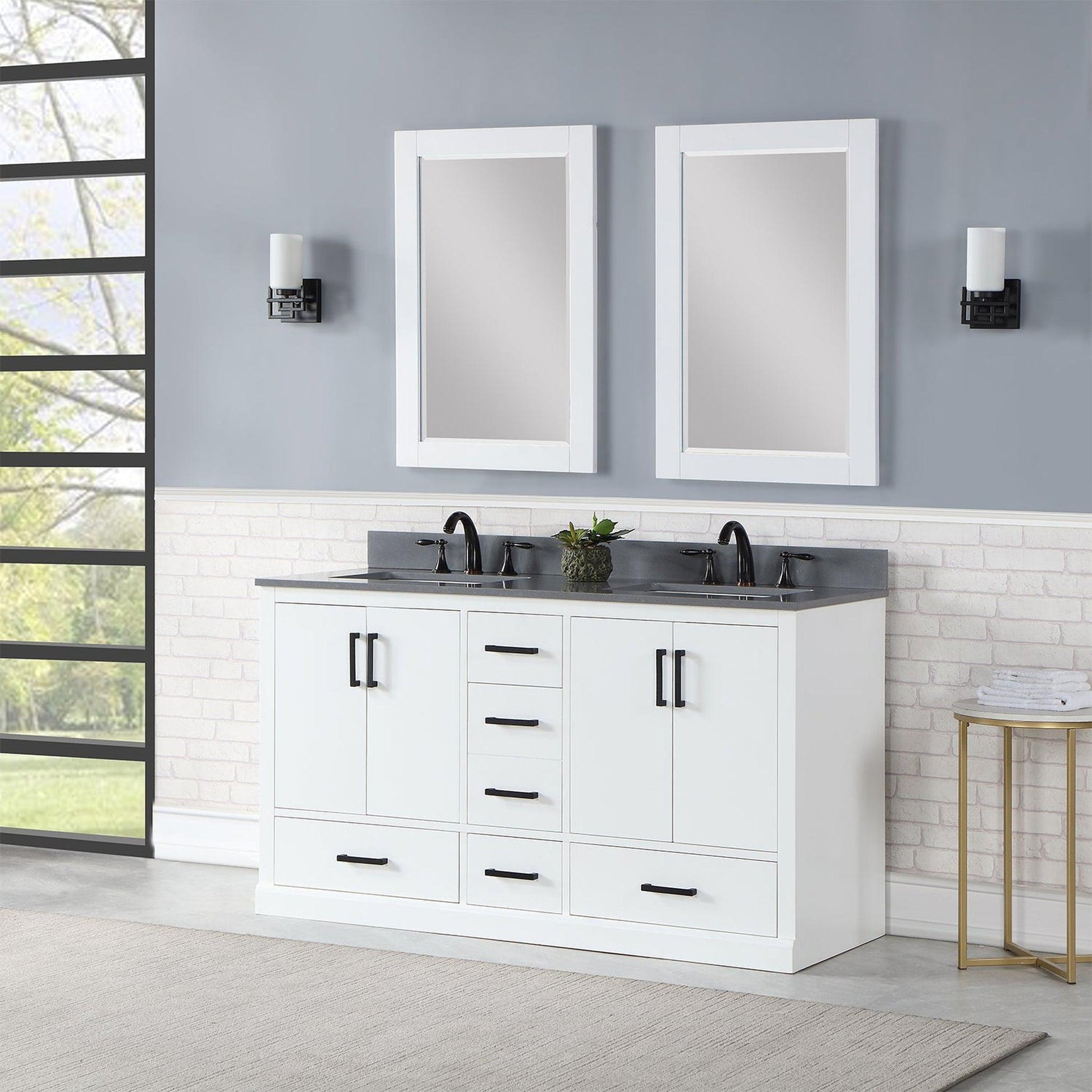 Altair Monna 60" White Freestanding Double Bathroom Vanity Set With Mirror, Concrete Grey Composite Stone Top, Two Rectangular Undermount Ceramic Sinks, Overflow, and Backsplash