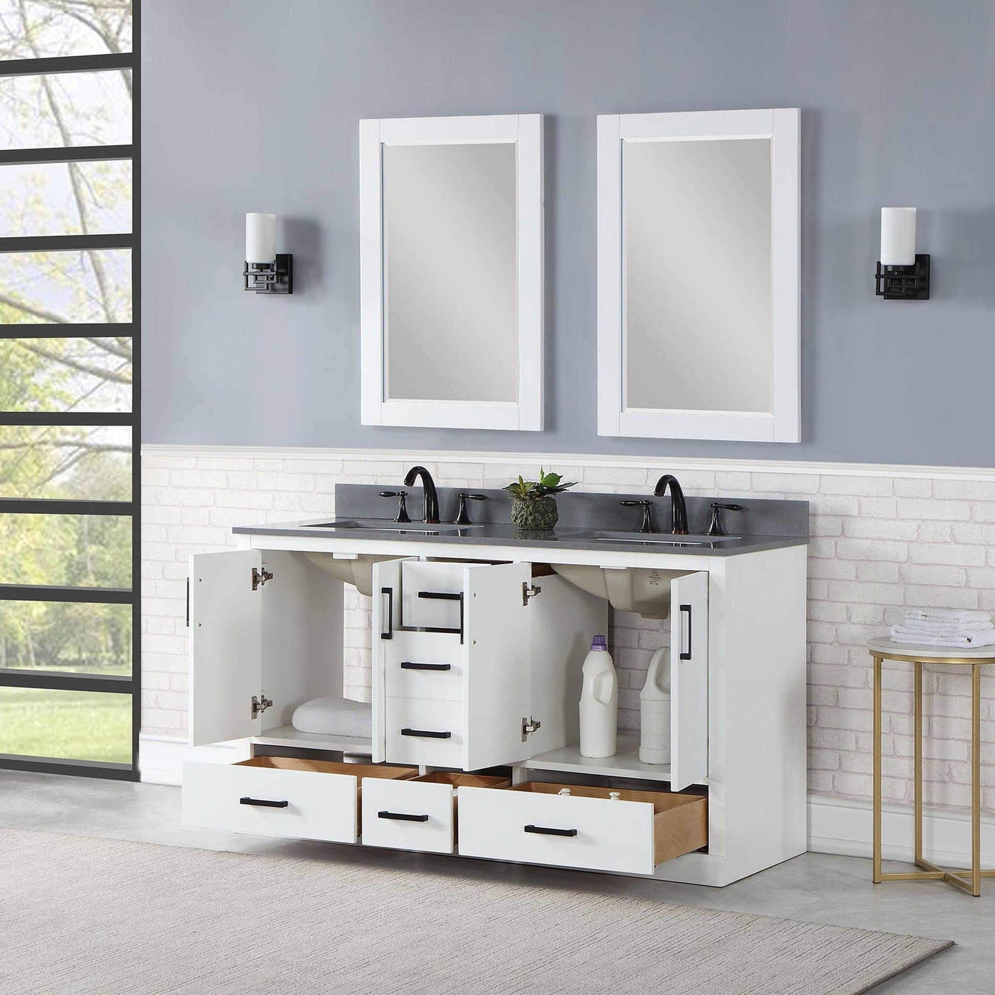 Altair Monna 60" White Freestanding Double Bathroom Vanity Set With Mirror, Concrete Grey Composite Stone Top, Two Rectangular Undermount Ceramic Sinks, Overflow, and Backsplash