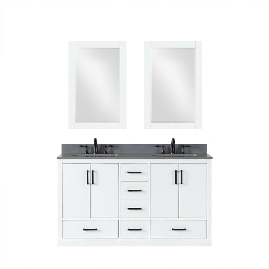 Altair Monna 60" White Freestanding Double Bathroom Vanity Set With Mirror, Concrete Grey Composite Stone Top, Two Rectangular Undermount Ceramic Sinks, Overflow, and Backsplash