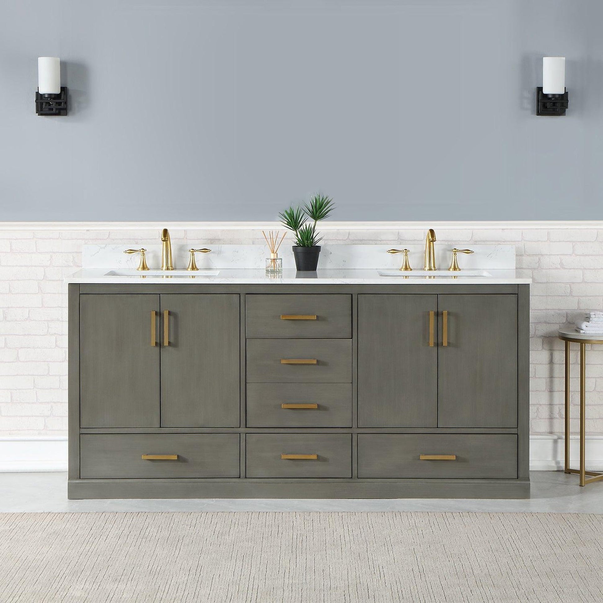 Altair Monna 72" Gray Pine Freestanding Double Bathroom Vanity Set With Aosta White Composite Stone Top, Two Rectangular Undermount Ceramic Sinks, Overflow, and Backsplash