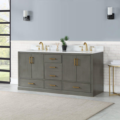 Altair Monna 72" Gray Pine Freestanding Double Bathroom Vanity Set With Aosta White Composite Stone Top, Two Rectangular Undermount Ceramic Sinks, Overflow, and Backsplash