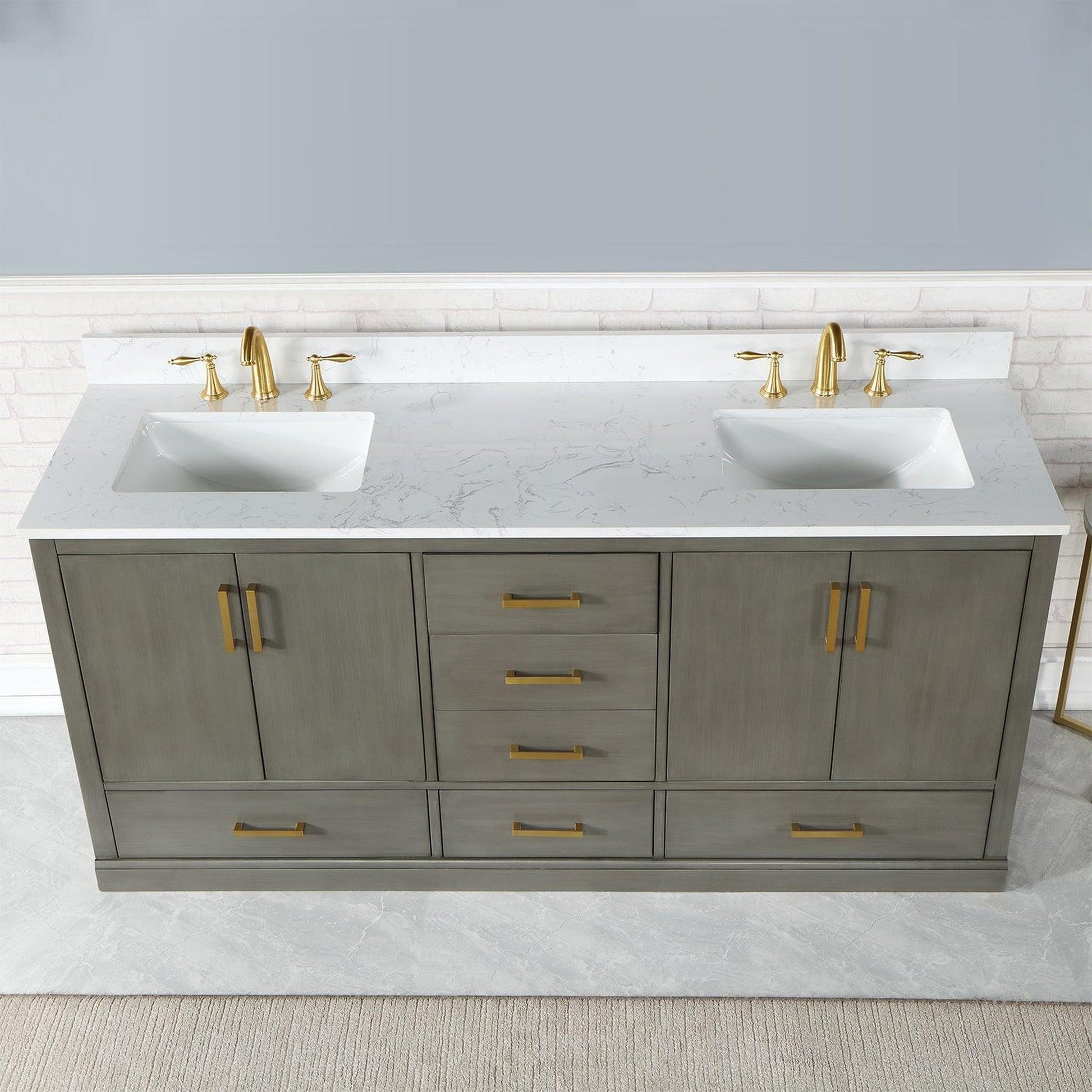 Altair Monna 72" Gray Pine Freestanding Double Bathroom Vanity Set With Aosta White Composite Stone Top, Two Rectangular Undermount Ceramic Sinks, Overflow, and Backsplash