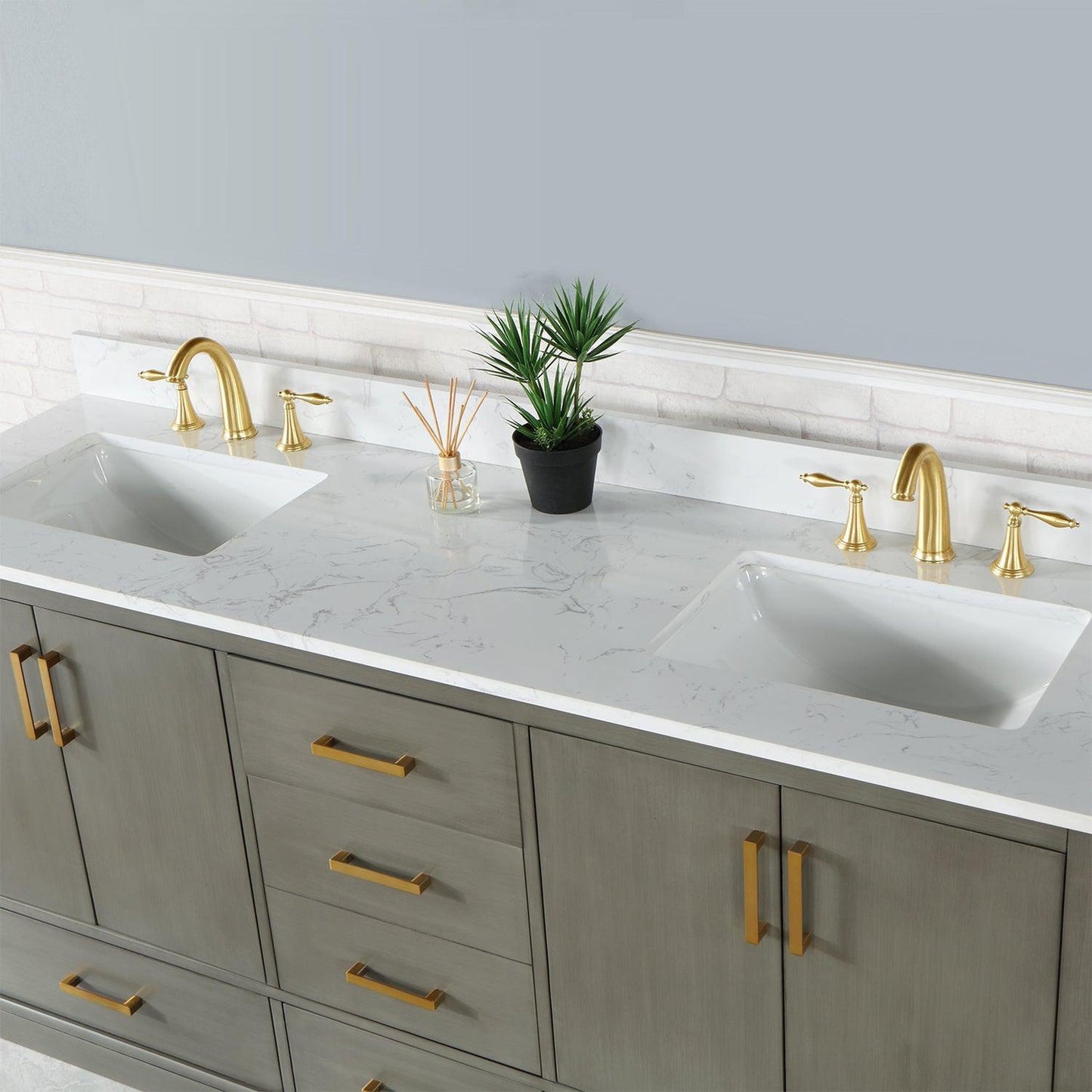 Altair Monna 72" Gray Pine Freestanding Double Bathroom Vanity Set With Aosta White Composite Stone Top, Two Rectangular Undermount Ceramic Sinks, Overflow, and Backsplash