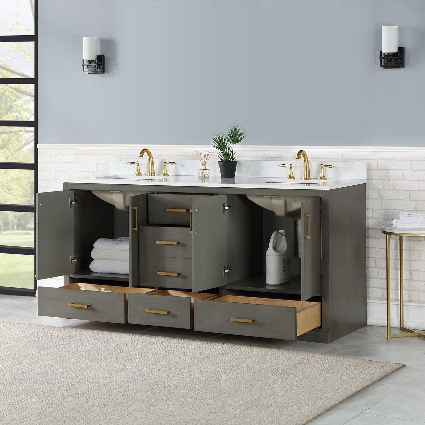 Altair Monna 72" Gray Pine Freestanding Double Bathroom Vanity Set With Aosta White Composite Stone Top, Two Rectangular Undermount Ceramic Sinks, Overflow, and Backsplash