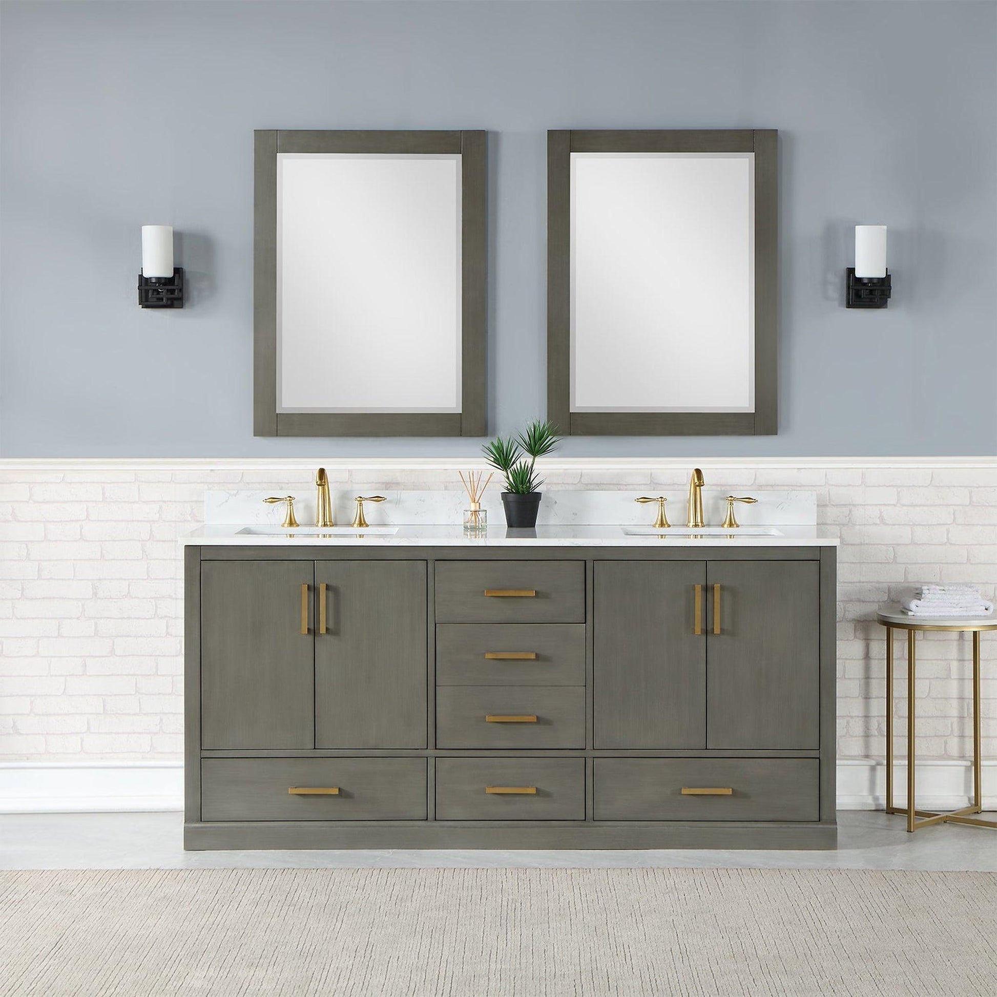 Altair Monna 72" Gray Pine Freestanding Double Bathroom Vanity Set With Mirror, Aosta White Composite Stone Top, Two Rectangular Undermount Ceramic Sinks, Overflow, and Backsplash