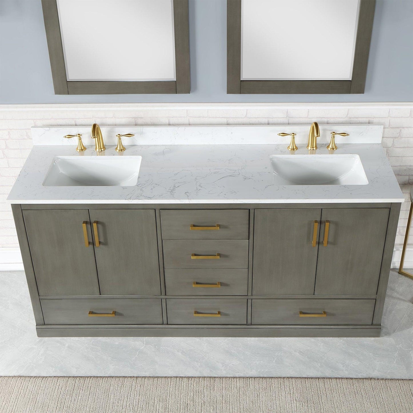 Altair Monna 72" Gray Pine Freestanding Double Bathroom Vanity Set With Mirror, Aosta White Composite Stone Top, Two Rectangular Undermount Ceramic Sinks, Overflow, and Backsplash