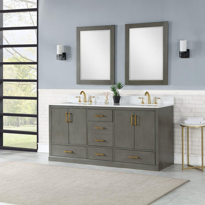 Altair Monna 72" Gray Pine Freestanding Double Bathroom Vanity Set With Mirror, Aosta White Composite Stone Top, Two Rectangular Undermount Ceramic Sinks, Overflow, and Backsplash