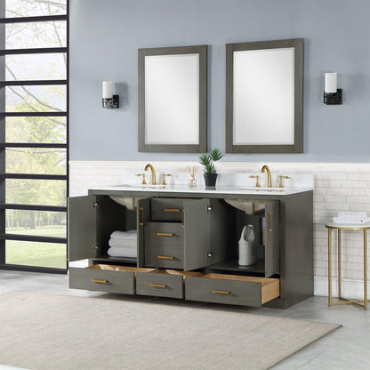 Altair Monna 72" Gray Pine Freestanding Double Bathroom Vanity Set With Mirror, Aosta White Composite Stone Top, Two Rectangular Undermount Ceramic Sinks, Overflow, and Backsplash