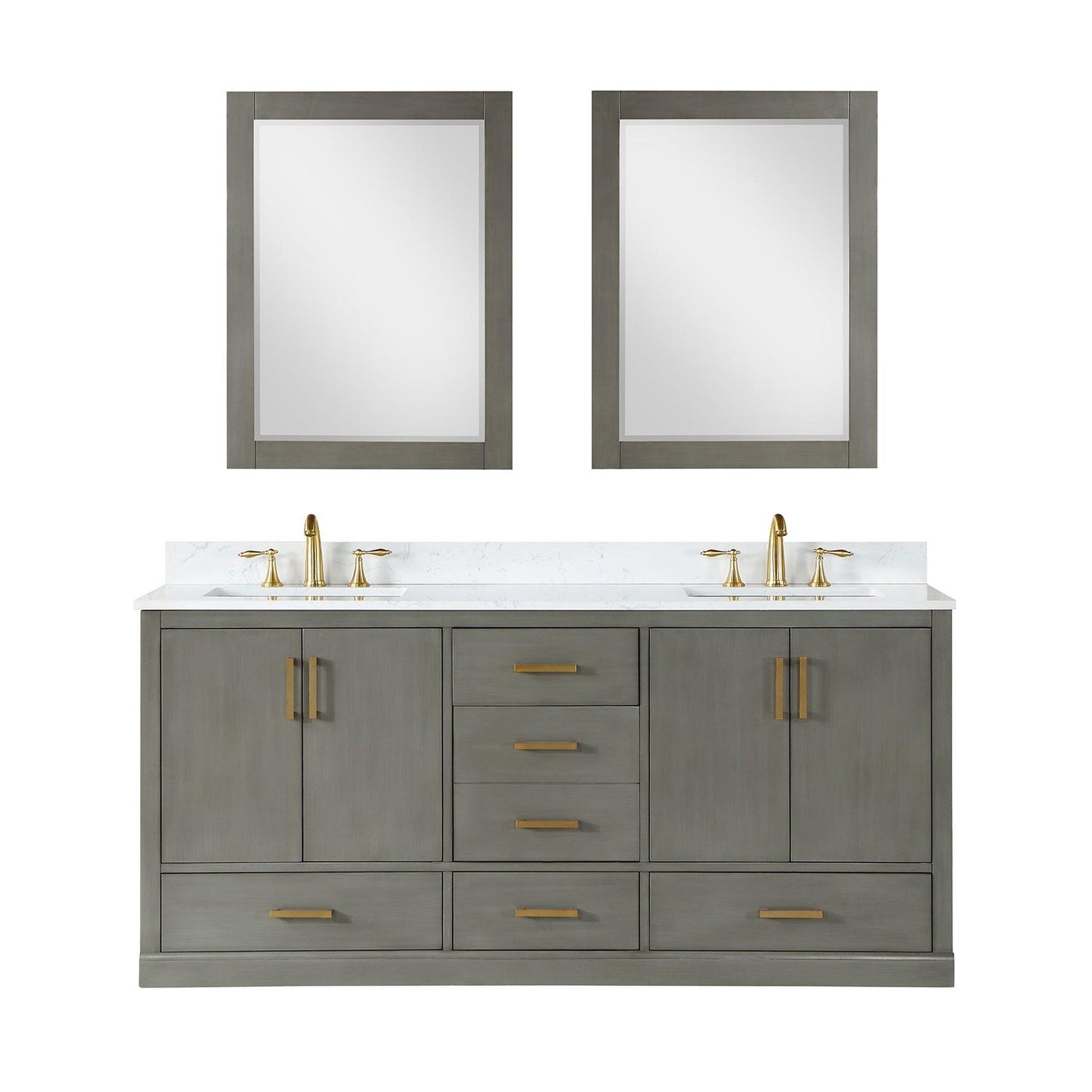 Altair Monna 72" Gray Pine Freestanding Double Bathroom Vanity Set With Mirror, Aosta White Composite Stone Top, Two Rectangular Undermount Ceramic Sinks, Overflow, and Backsplash