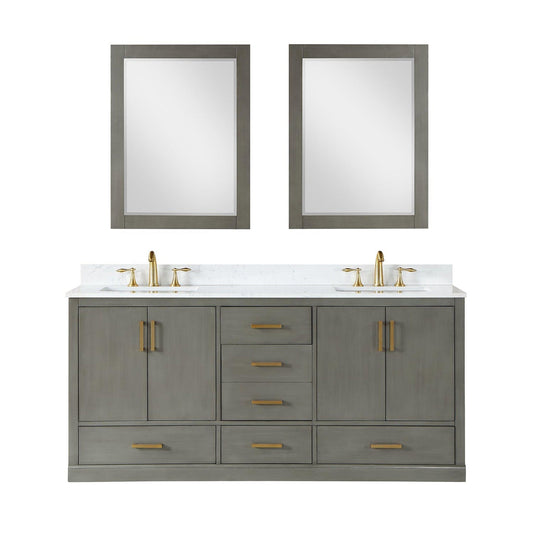 Altair Monna 72" Gray Pine Freestanding Double Bathroom Vanity Set With Mirror, Aosta White Composite Stone Top, Two Rectangular Undermount Ceramic Sinks, Overflow, and Backsplash