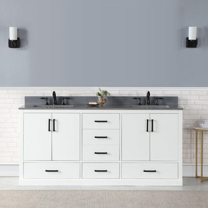 Altair Monna 72" White Freestanding Double Bathroom Vanity Set With Concrete Grey Composite Stone Top, Two Rectangular Undermount Ceramic Sinks, Overflow, and Backsplash