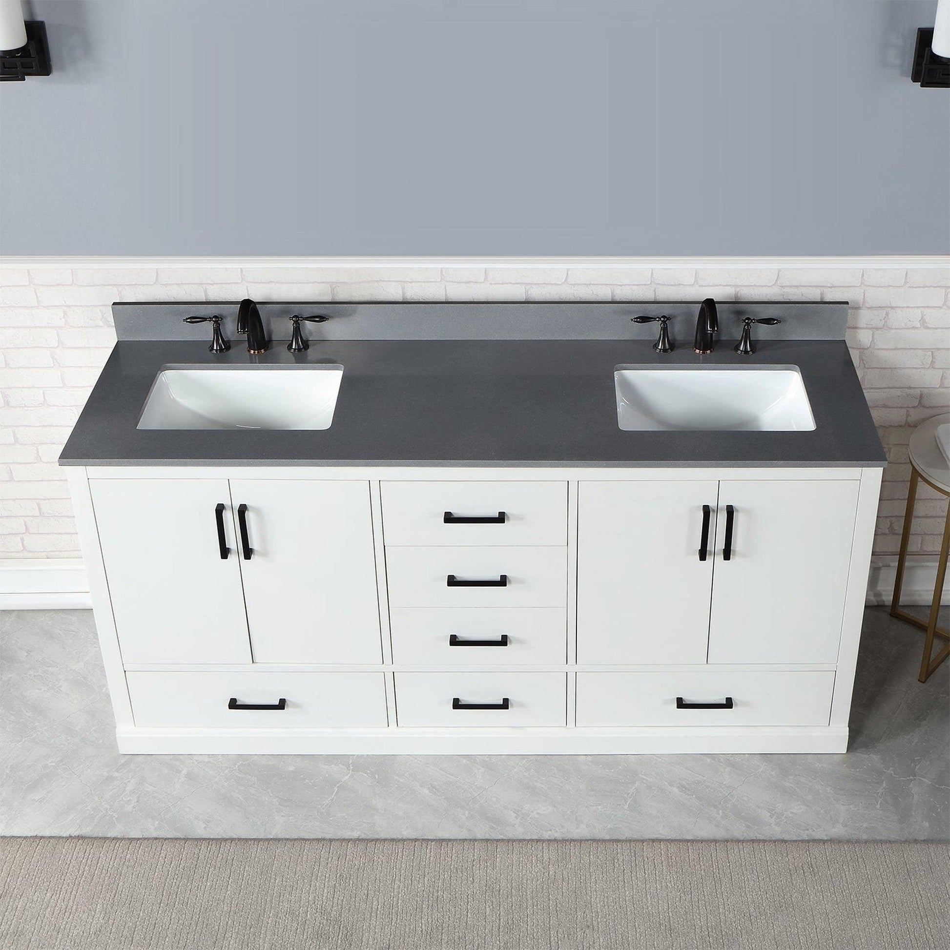 Altair Monna 72" White Freestanding Double Bathroom Vanity Set With Concrete Grey Composite Stone Top, Two Rectangular Undermount Ceramic Sinks, Overflow, and Backsplash