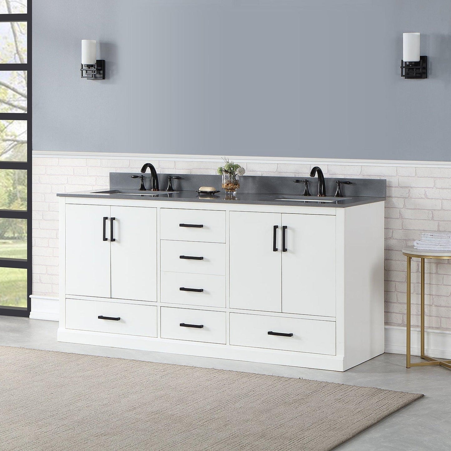 Altair Monna 72" White Freestanding Double Bathroom Vanity Set With Concrete Grey Composite Stone Top, Two Rectangular Undermount Ceramic Sinks, Overflow, and Backsplash