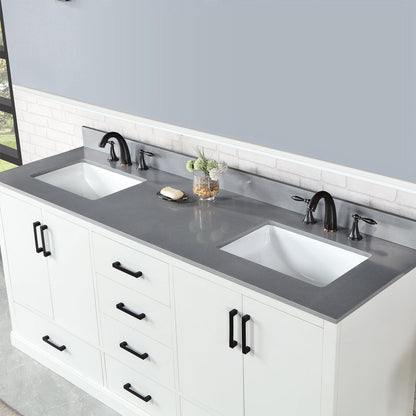 Altair Monna 72" White Freestanding Double Bathroom Vanity Set With Concrete Grey Composite Stone Top, Two Rectangular Undermount Ceramic Sinks, Overflow, and Backsplash
