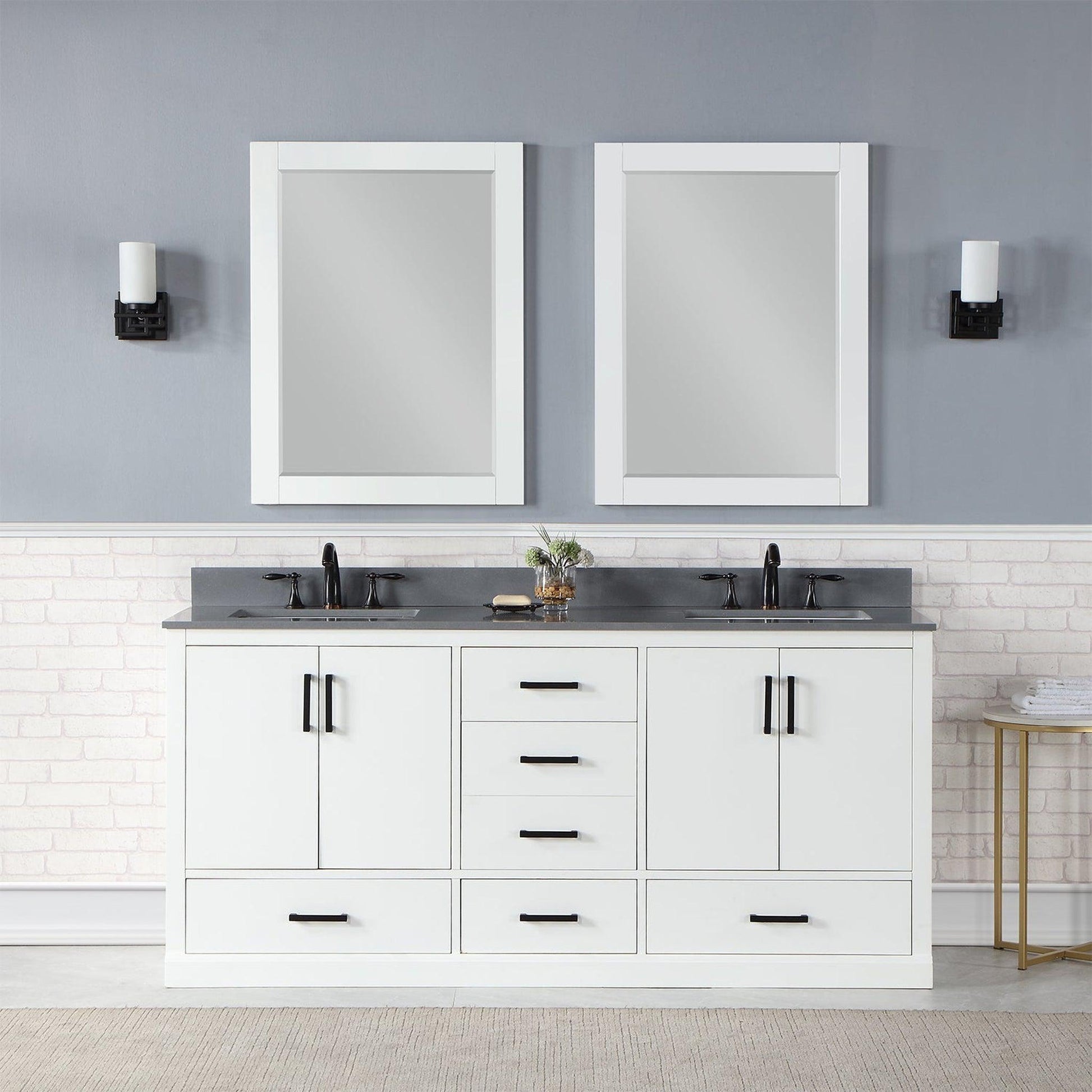 Altair Monna 72" White Freestanding Double Bathroom Vanity Set With Mirror, Concrete Grey Composite Stone Top, Two Rectangular Undermount Ceramic Sinks, Overflow, and Backsplash