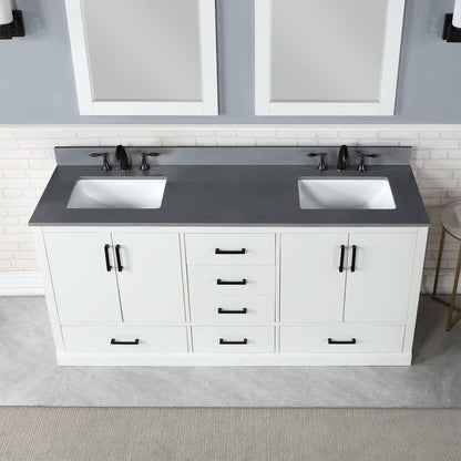 Altair Monna 72" White Freestanding Double Bathroom Vanity Set With Mirror, Concrete Grey Composite Stone Top, Two Rectangular Undermount Ceramic Sinks, Overflow, and Backsplash