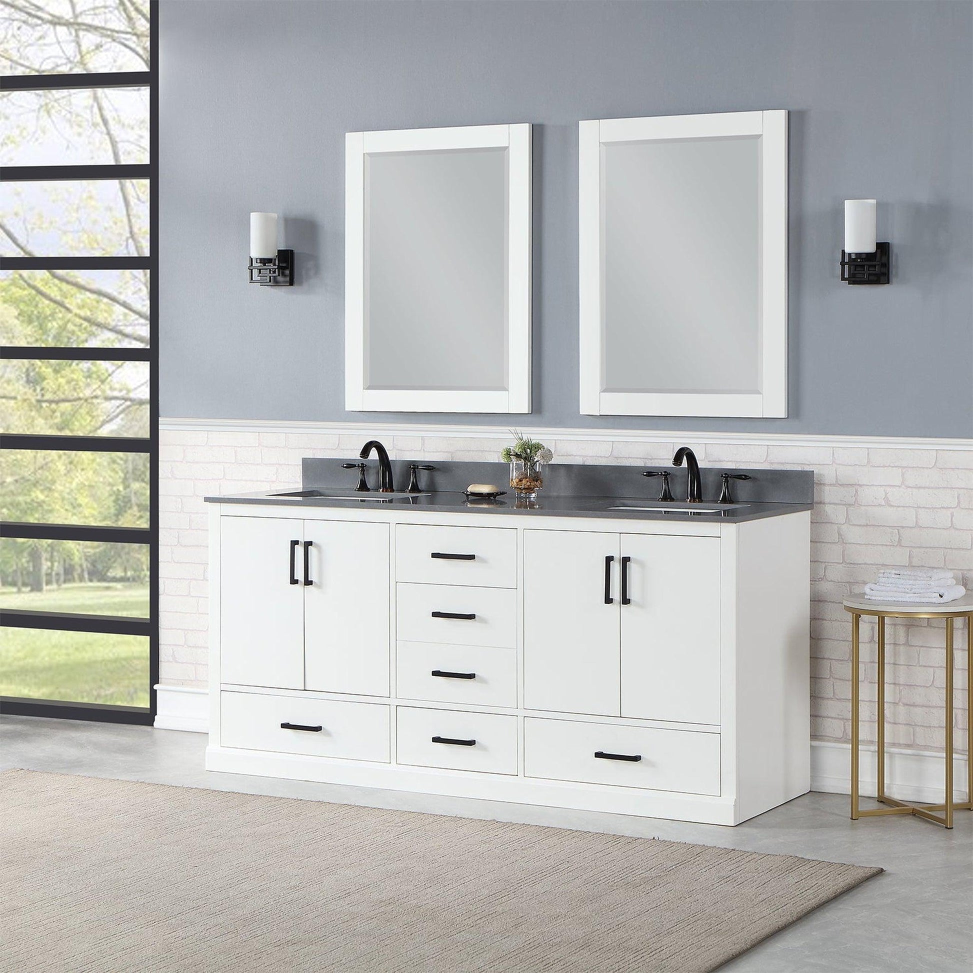 Altair Monna 72" White Freestanding Double Bathroom Vanity Set With Mirror, Concrete Grey Composite Stone Top, Two Rectangular Undermount Ceramic Sinks, Overflow, and Backsplash