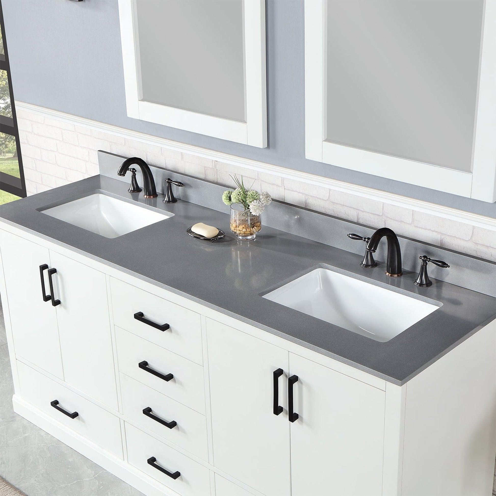 Altair Monna 72" White Freestanding Double Bathroom Vanity Set With Mirror, Concrete Grey Composite Stone Top, Two Rectangular Undermount Ceramic Sinks, Overflow, and Backsplash