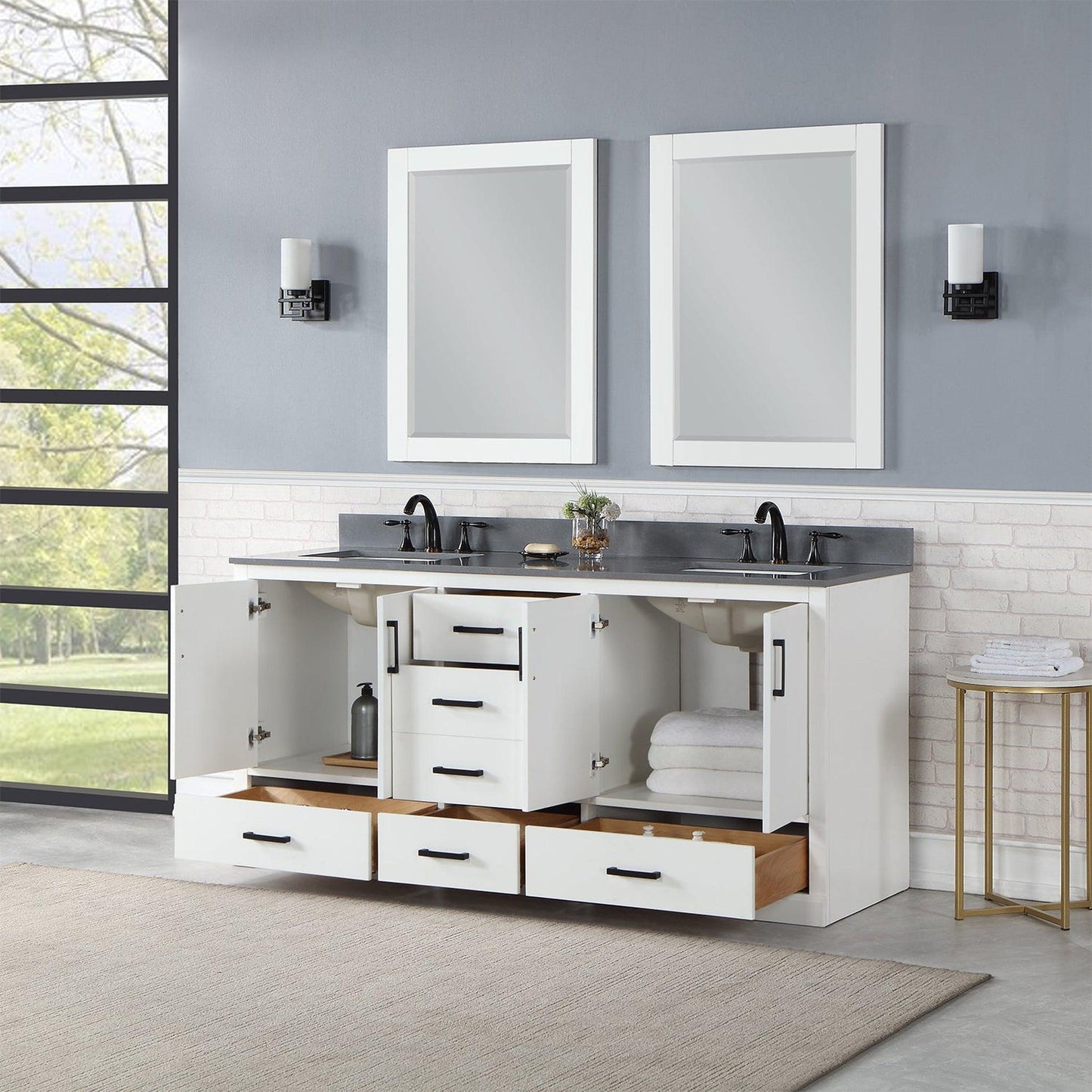 Altair Monna 72" White Freestanding Double Bathroom Vanity Set With Mirror, Concrete Grey Composite Stone Top, Two Rectangular Undermount Ceramic Sinks, Overflow, and Backsplash