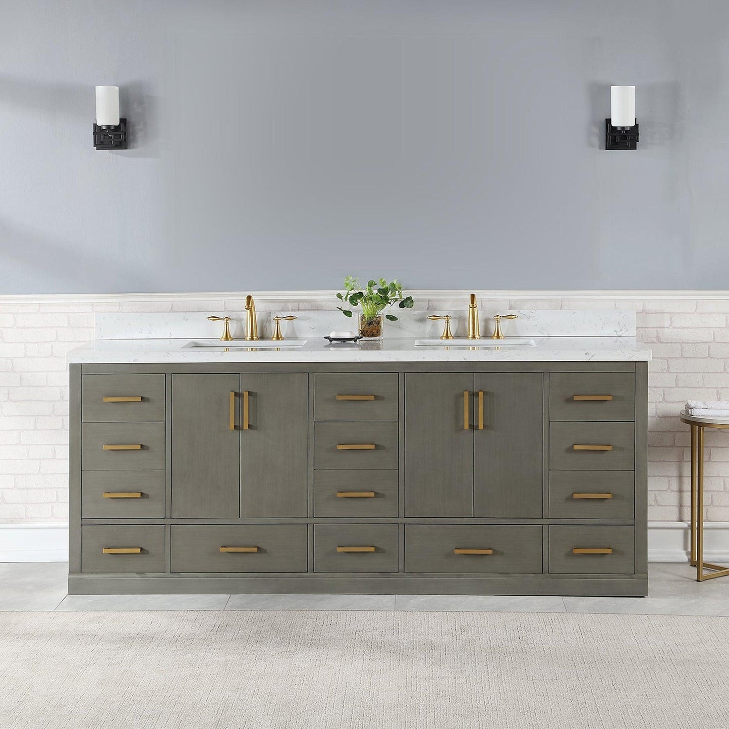 Altair Monna 84" Gray Pine Freestanding Double Bathroom Vanity Set With Aosta White Composite Stone Top, Two Rectangular Undermount Ceramic Sinks, Overflow, and Backsplash