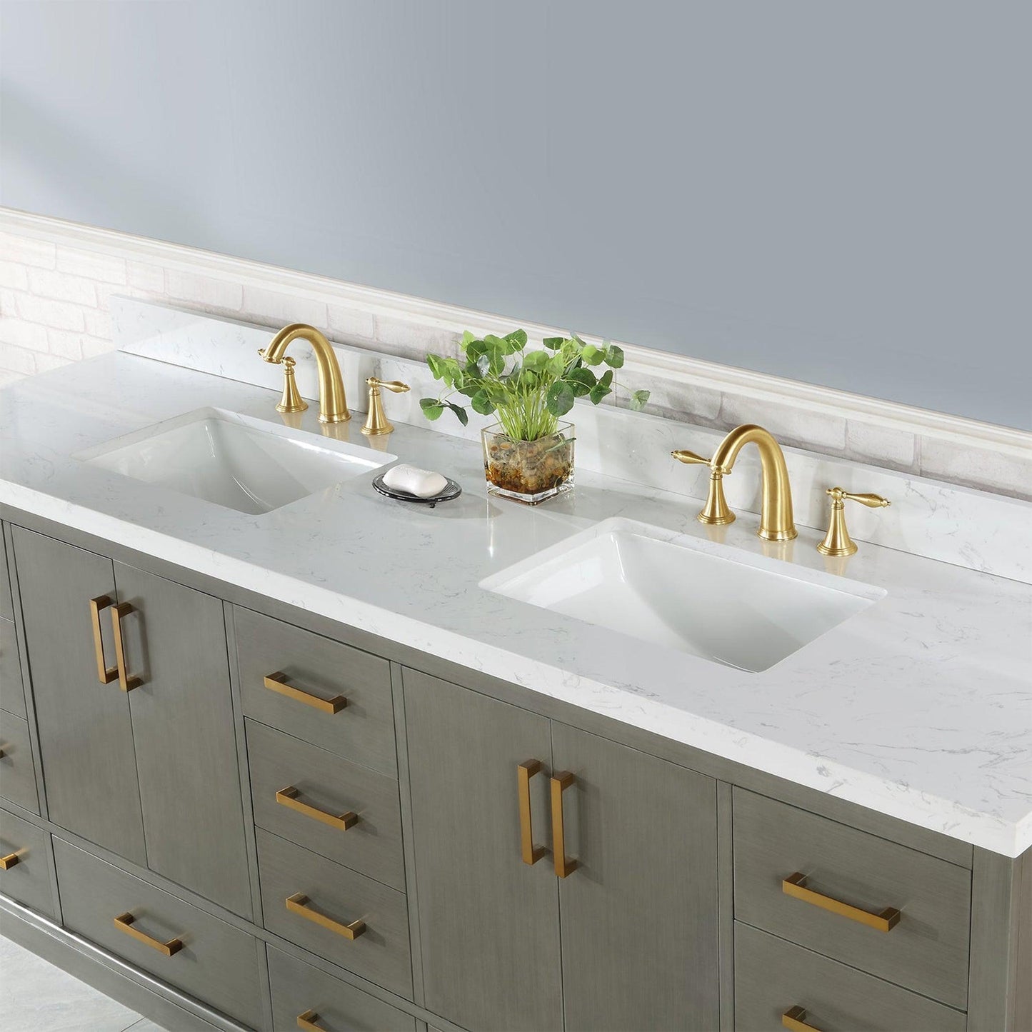 Altair Monna 84" Gray Pine Freestanding Double Bathroom Vanity Set With Aosta White Composite Stone Top, Two Rectangular Undermount Ceramic Sinks, Overflow, and Backsplash