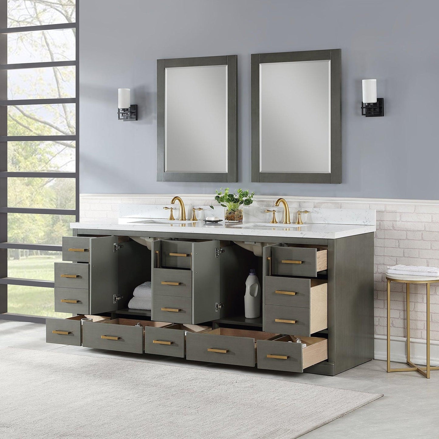 Altair Monna 84" Gray Pine Freestanding Double Bathroom Vanity Set With Mirror, Aosta White Composite Stone Top, Two Rectangular Undermount Ceramic Sinks, Overflow, and Backsplash
