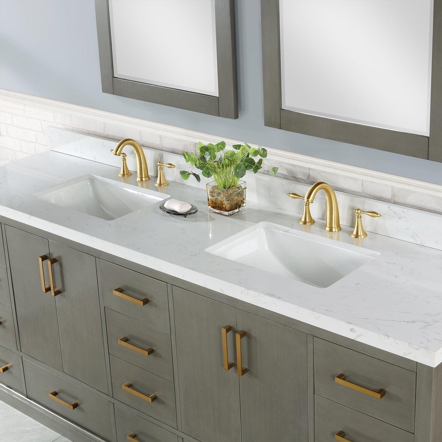 Altair Monna 84" Gray Pine Freestanding Double Bathroom Vanity Set With Mirror, Aosta White Composite Stone Top, Two Rectangular Undermount Ceramic Sinks, Overflow, and Backsplash