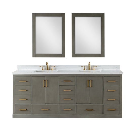 Altair Monna 84" Gray Pine Freestanding Double Bathroom Vanity Set With Mirror, Aosta White Composite Stone Top, Two Rectangular Undermount Ceramic Sinks, Overflow, and Backsplash