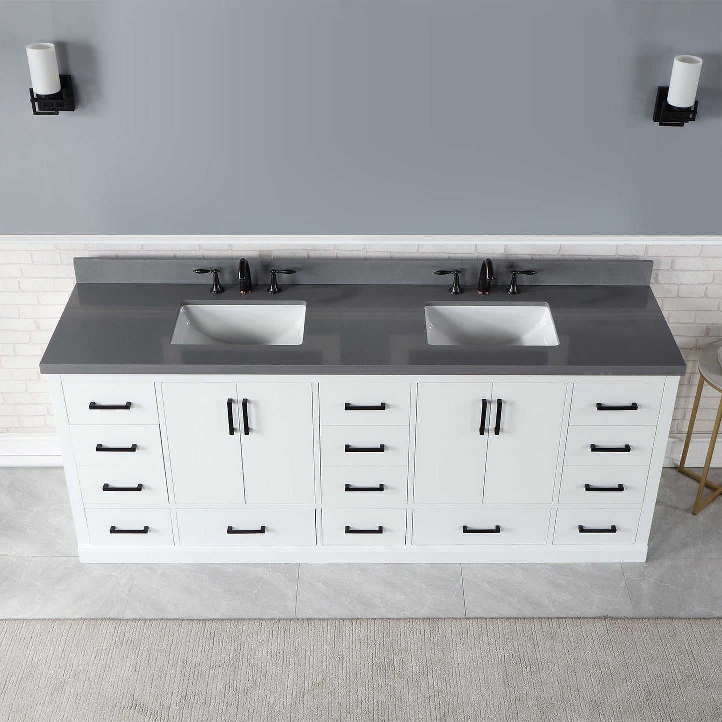 Altair Monna 84" White Freestanding Double Bathroom Vanity Set With Concrete Grey Composite Stone Top, Two Rectangular Undermount Ceramic Sinks, Overflow, and Backsplash