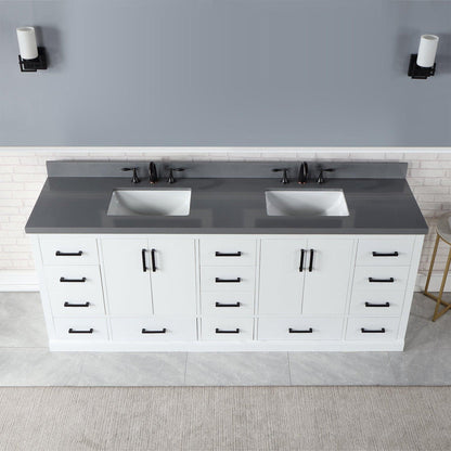 Altair Monna 84" White Freestanding Double Bathroom Vanity Set With Concrete Grey Composite Stone Top, Two Rectangular Undermount Ceramic Sinks, Overflow, and Backsplash