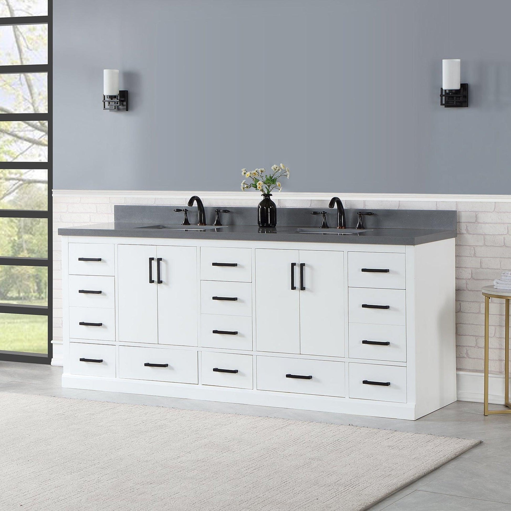 Altair Monna 84" White Freestanding Double Bathroom Vanity Set With Concrete Grey Composite Stone Top, Two Rectangular Undermount Ceramic Sinks, Overflow, and Backsplash