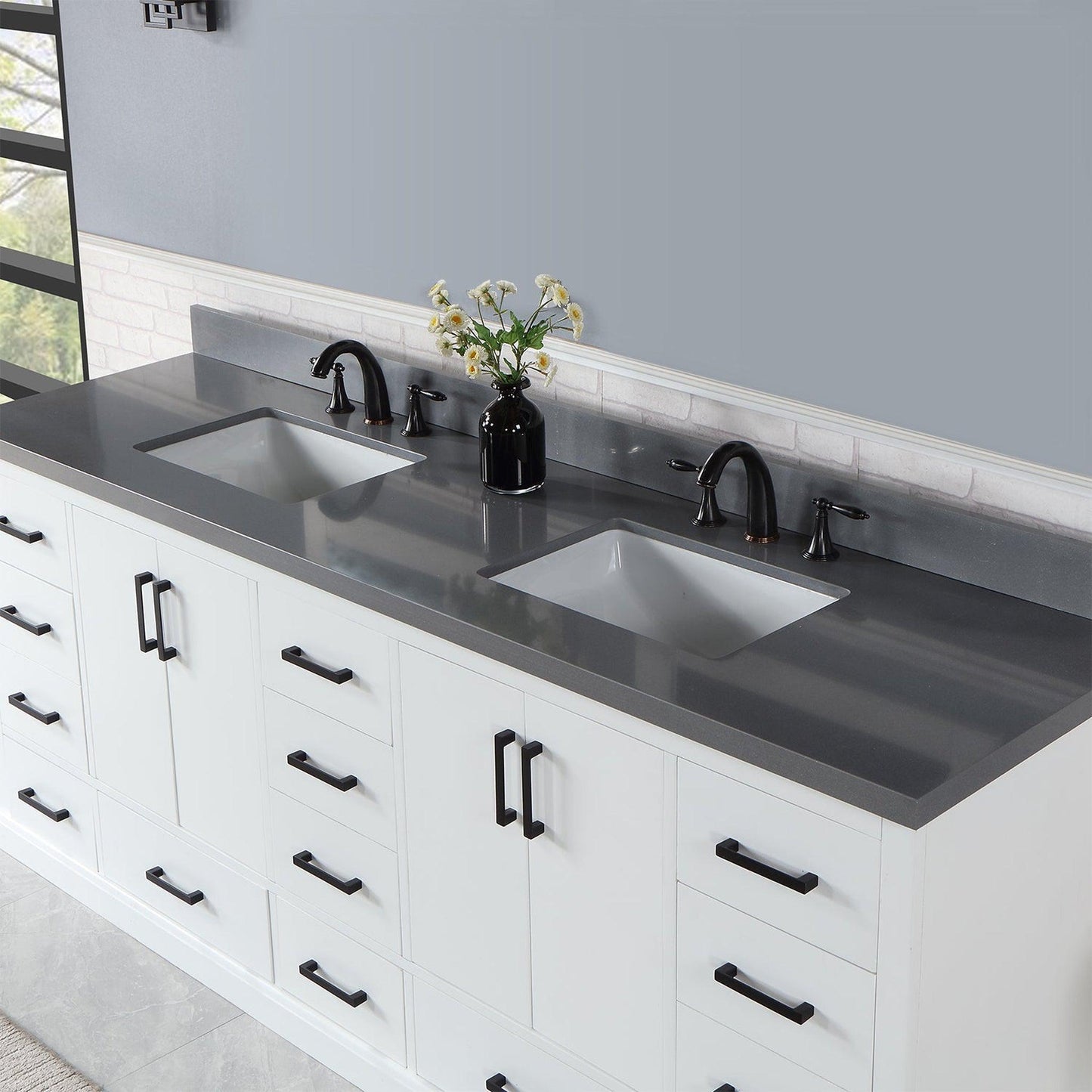 Altair Monna 84" White Freestanding Double Bathroom Vanity Set With Concrete Grey Composite Stone Top, Two Rectangular Undermount Ceramic Sinks, Overflow, and Backsplash