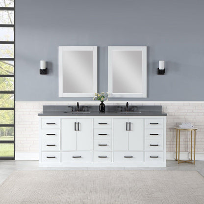 Altair Monna 84" White Freestanding Double Bathroom Vanity Set With Mirror, Concrete Grey Composite Stone Top, Two Rectangular Undermount Ceramic Sinks, Overflow, and Backsplash